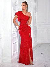 ADYCE ADYCE Sequin One Shoulder Ruffle Embellished Front Slit Cocktail Party Evening Dress For Women